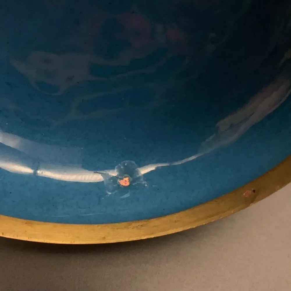 Chinese Cloisonne Bowl w/ Lid Enamel Over Brass Green Champleve Floral Leaf - Picture 13 of 16